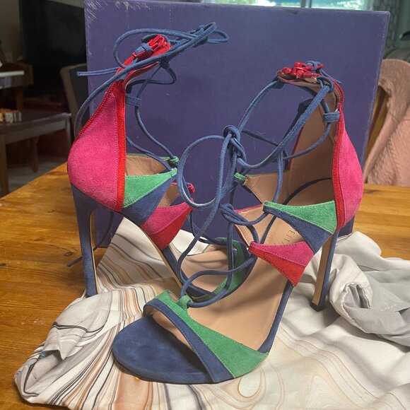 Stuart Weitzman Colorblock Suede Lace Up Stiletto Heels. Size 8 - Picture 3 of 8